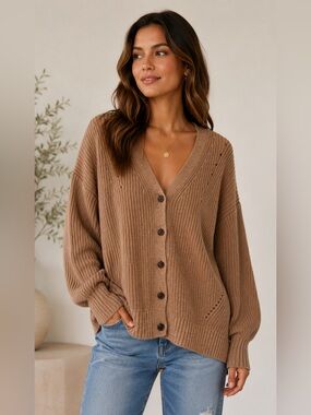 GAP Women’s Oversized Camel Ribbed Knit Cardigan V-Neck Button Front 100% cotton